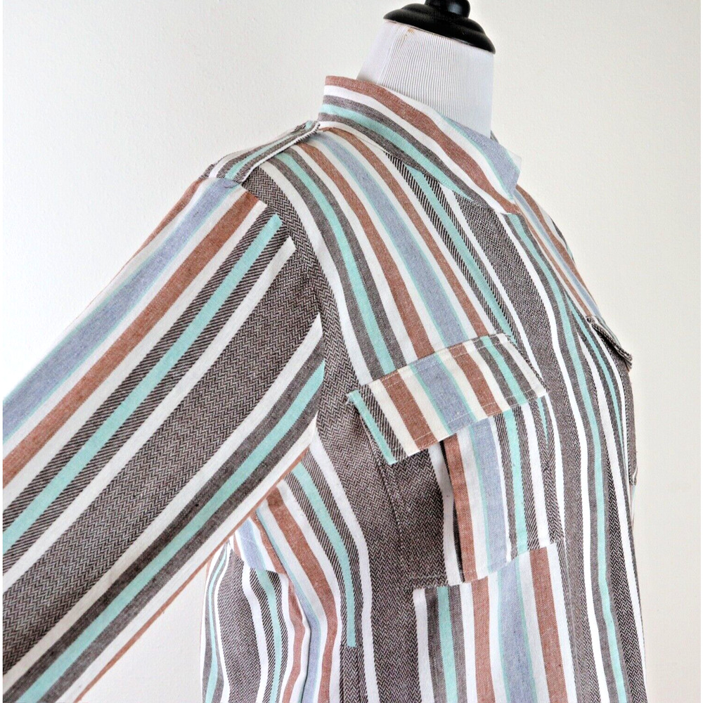 Mystree Size L Linen Blend Jacket Long Sleeve Striped Blue Gray Brown - Picture 7 of 13